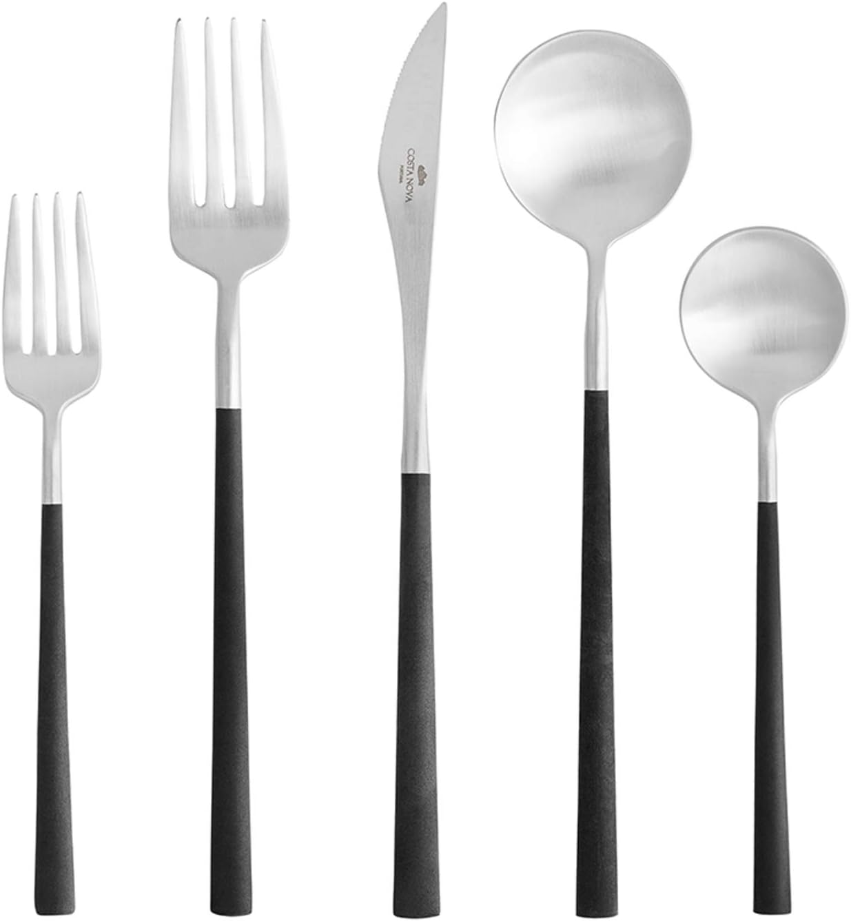 Costa Nova 5-Piece Silverware Service for 1 - Mito Collection, Brushed Finish with Black Resin Handle | Stainless Steel Cutlery | Dishwasher Safe Flatware | Restaurant Quality Dinnerware