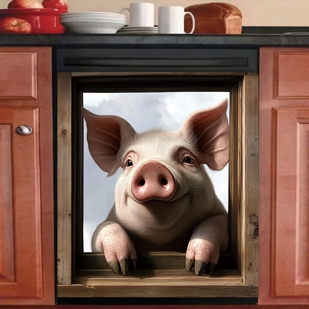 2D Flat Cute Pig Dishwasher Cover 23x26 Inch Panel Decal Fridge Washer Refrigerator Door Cover Kitchen Appliance Decorative Farmhouse Barnyard Animal Home Decor