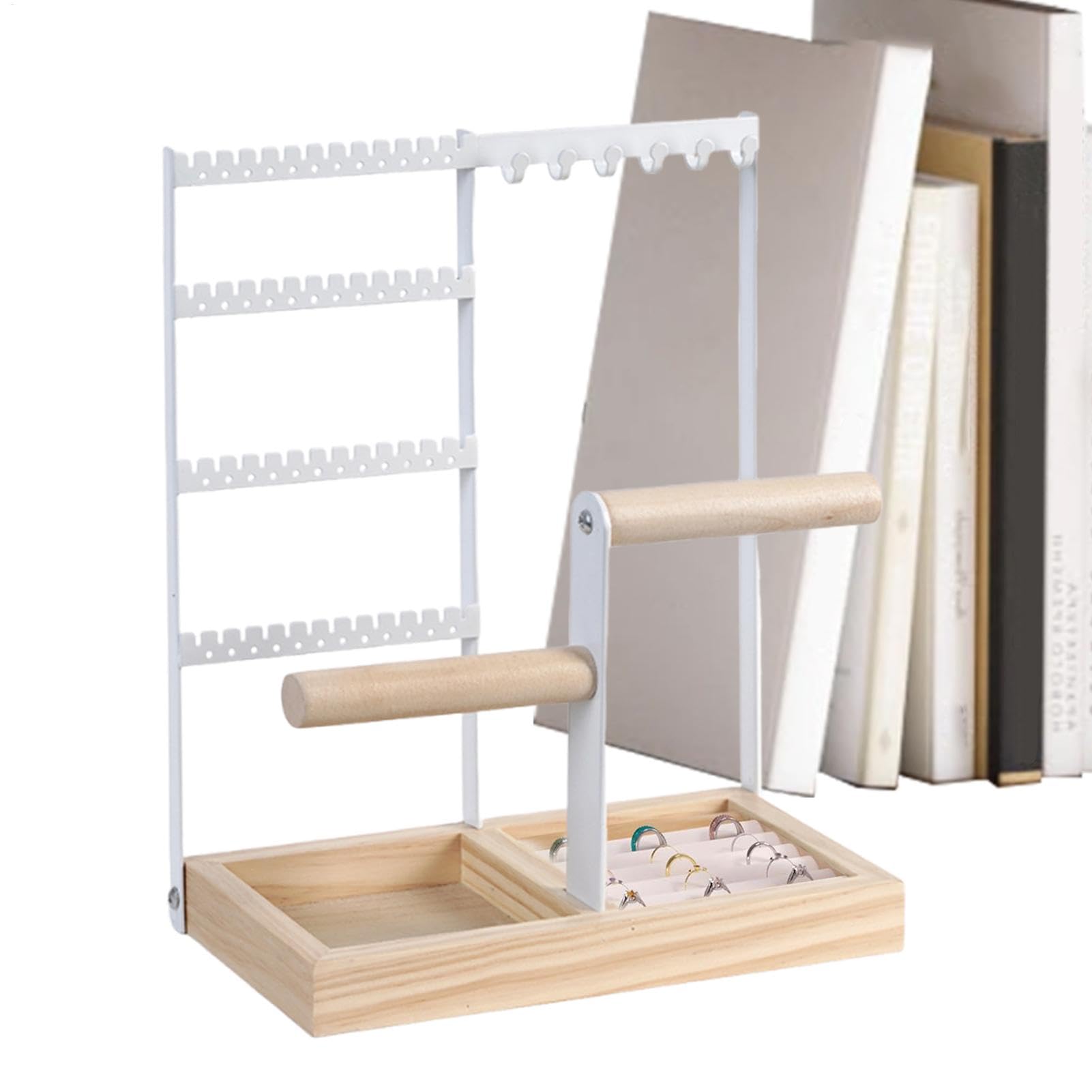 Porte-bijoux en métal à 4 niveaux et socle bois élégant pour ranger vos colliers