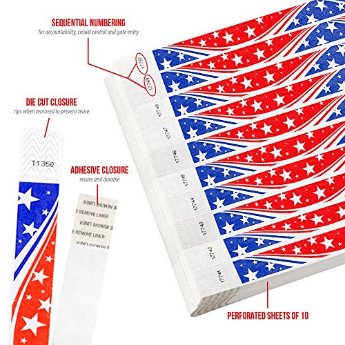WristCo Star Stream USA Tyvek Wristbands for Events - 500 Count ¾” x 10” - Waterproof Recyclable Comfortable Tear Resistant Paper Bracelets Wrist Bands for Concerts Festivals Admission Party - Thumbnail 2