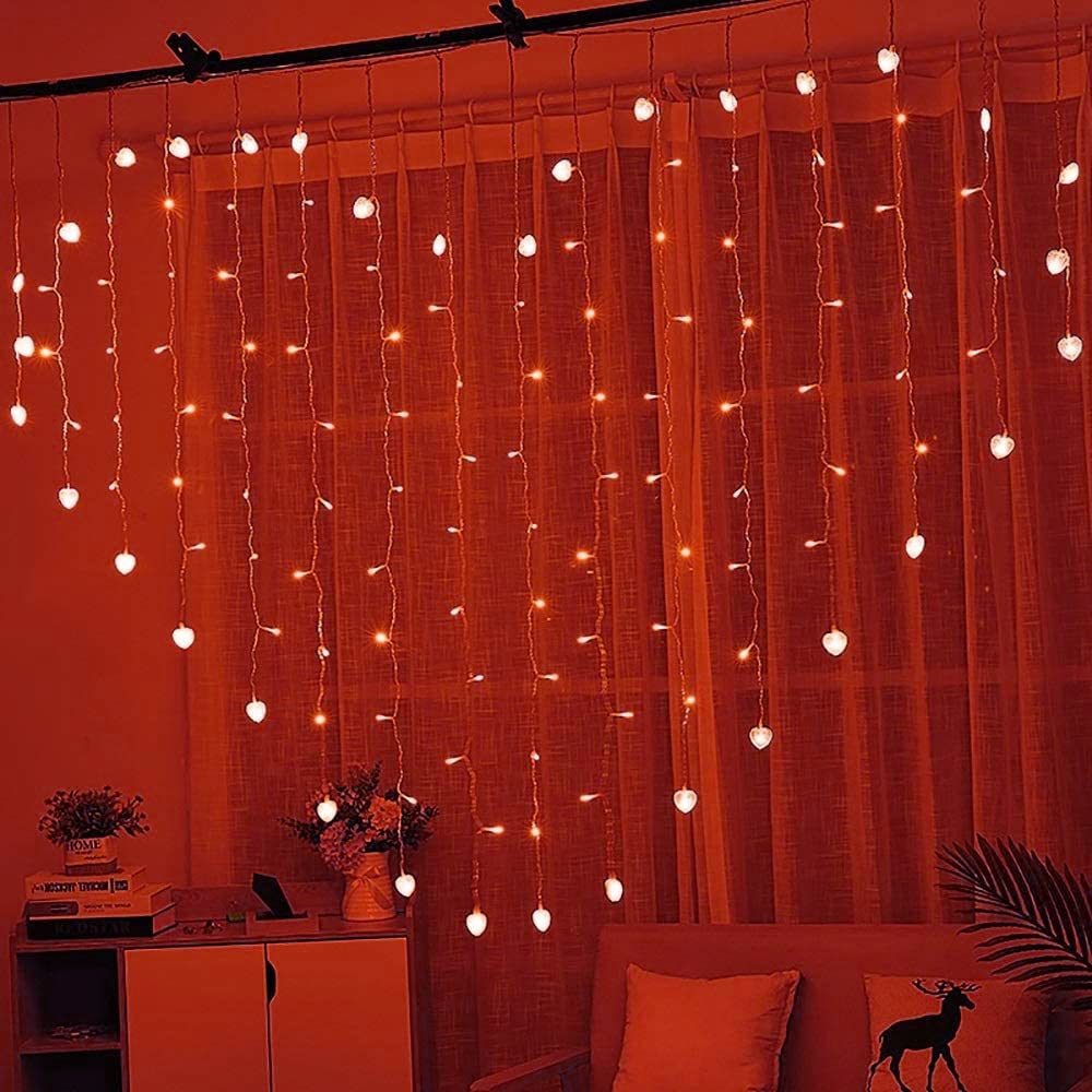 Luci fatate, Tenda Luminosa a Forma Cuore, 124 LED 124 LED 2M x 1.5M Tenda Luminosa a Forma Cuore Lampadario Porta USB Feste Camera Letto Matrimonio Decorare