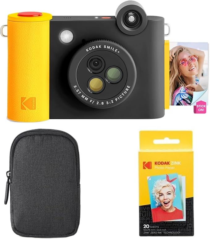 Kodak Smile+ 2-in-1 Digital Instant Camera & Bluetooth Photo Printer Starter Pack + Carry Case + Zinc 20 Sheets - Black
