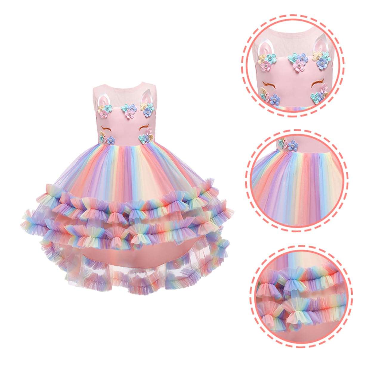 PACKOVE Abito Principessa Unicorno per Bambina, Vestito Rosa in Cotone e Garza, Morbido e Ben Rifinito per Festa e Cerimonia, 130cm