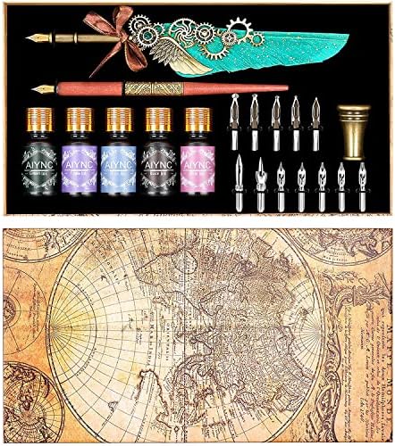 AIYNC Feather Calligraphy Pen Ink Set, Quill Pen and Ink Set Including Mechanical Feather Pen and Wooden Dip Pen, 5 Colors of Ink, 12 Replacement Nibs, Pen Holder, Envelope and Letter Paper (Green)