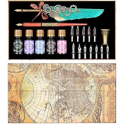 AIYNC Feather Calligraphy Pen Ink Set, Quill Pen and Ink Set Including Mechanical Feather Pen and Wooden Dip Pen, 5 Colors of Ink, 12 Replacement Nibs, Pen Holder, Envelope and Letter Paper (Green) Cover