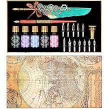 Feather Calligraphy Pen Ink Set, Mechanical Feather Pen and Wooden Dip Pen, 5 Colors of Ink, 12 Replacement Nibs, Pen Holder, Envelope and Letter Paper Green