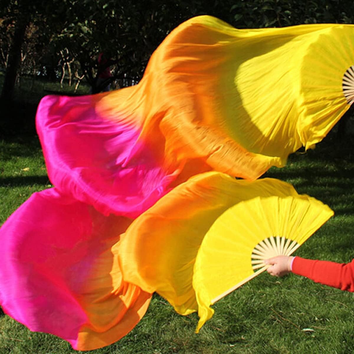 Nimiman Women 1 Pair (Left+Right) Silk Belly Dance Fans Veil Belly Dancing Long Folding Fans Length 180 cm Width 90 cm - Image 6