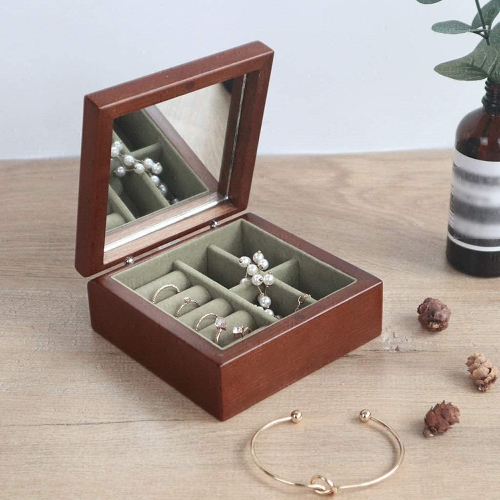 Przenośne pudełko na biżuterię z litego drewna z lusterkiem - Kompaktowy organizer podróżny dla kobiet - Eleganckie rozwiązanie do przechowywania biżuterii na akcesoria, prezenty i pamiątki