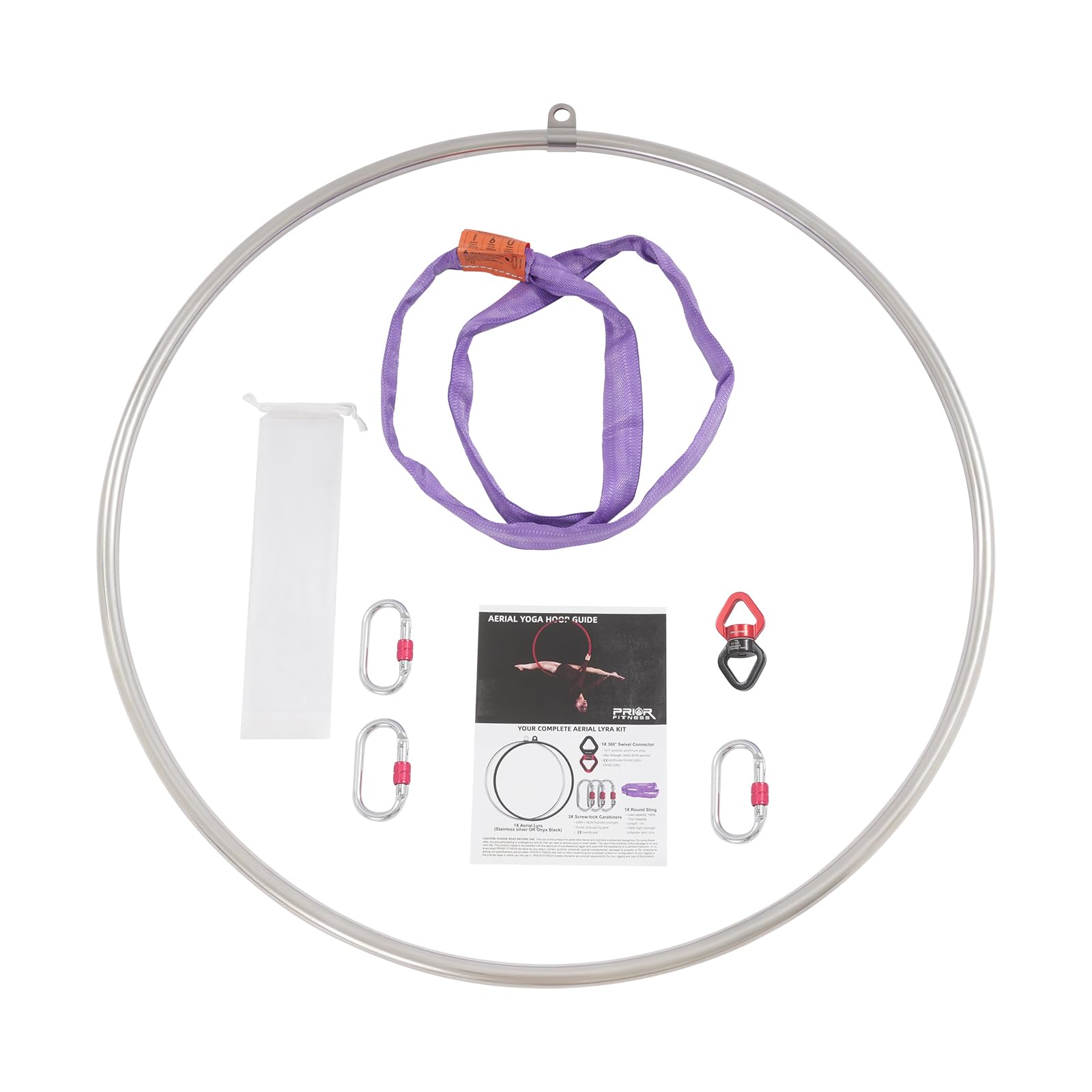 Aerial Hoop 95 cm aus Edelstahl, Einzelpunkt-Luftreifen mit 360° drehbarem Verbinder und Rundschlinge, für Yoga, Akrobatik & Zirkus, Silber+Lila