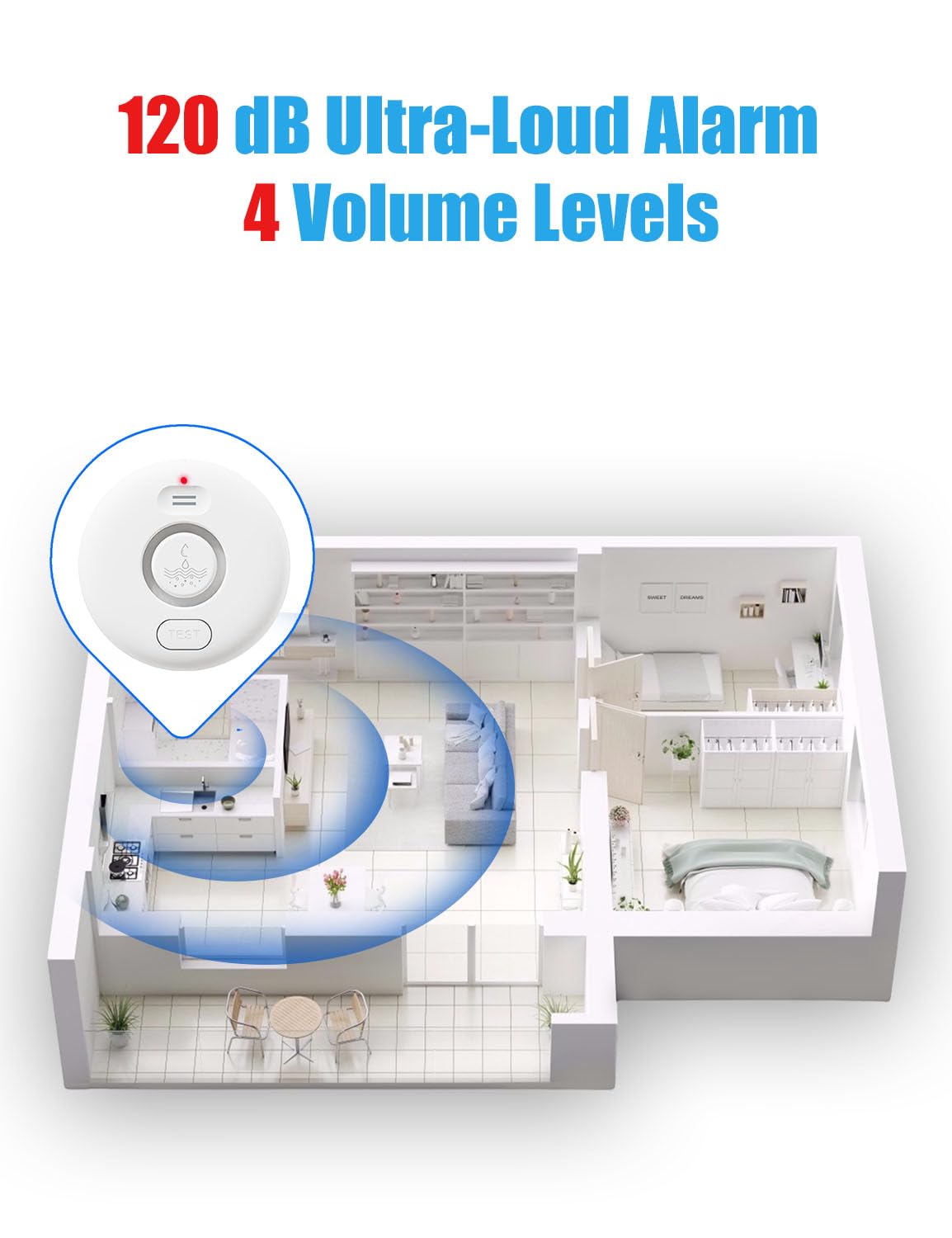 Paquete de 5 detectores de alarma de fugas de agua, sensor de agua de alerta fuerte de 120 dB, IP66 impermeable, alerta sensible de fugas y goteo, fácil instalación para el hogar, prevención de
