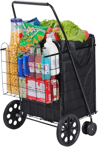 Lifetime Home Carrito de compras mejorado con ruedas giratorias de 360 y forro impermeable para comestibles, ropa sucia de compras, plegable, ligero