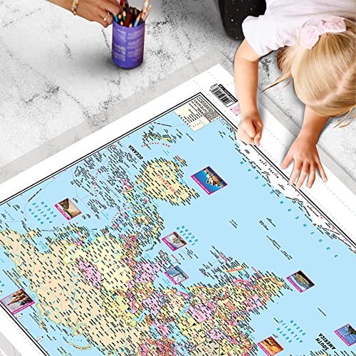 Image of 2 IN 1 WORLD POLITICAL AND PHYSICAL MAP IN ENGLISH Charts with Big font and Dust resistant Lamination | 300 GSM Recyclable Charts