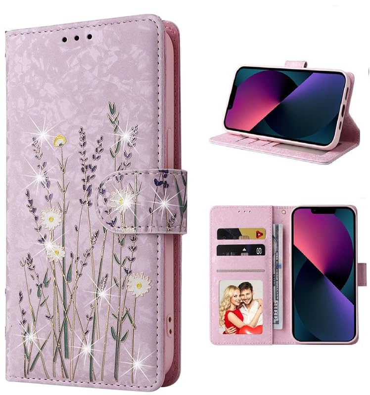 Image of ClickCase for iPhone 16 Gold Plating Printed PU Leather Wallet Case Flip Cover with Card Holder & Kickstand,Magnetic Flip Cover for iPhone 16 (Lavender)