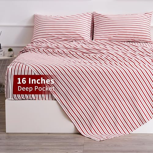 Image of Burgundy Red Striped Sheets Set Queen Size 4 Piece - Super Soft, Easy Care & Breathable Red and White Pinstripe Bed Sheet Set with 16-Inch Deep Pockets, Great Gift for Christmas & Birthday