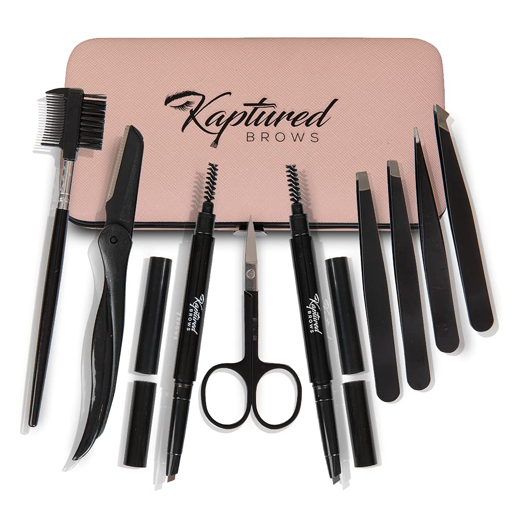 Kaptured Eyebrow Kit, 10 pc grooming set for women, multipurpose tweezers, razor, 2 pens, scissors, comb and brush