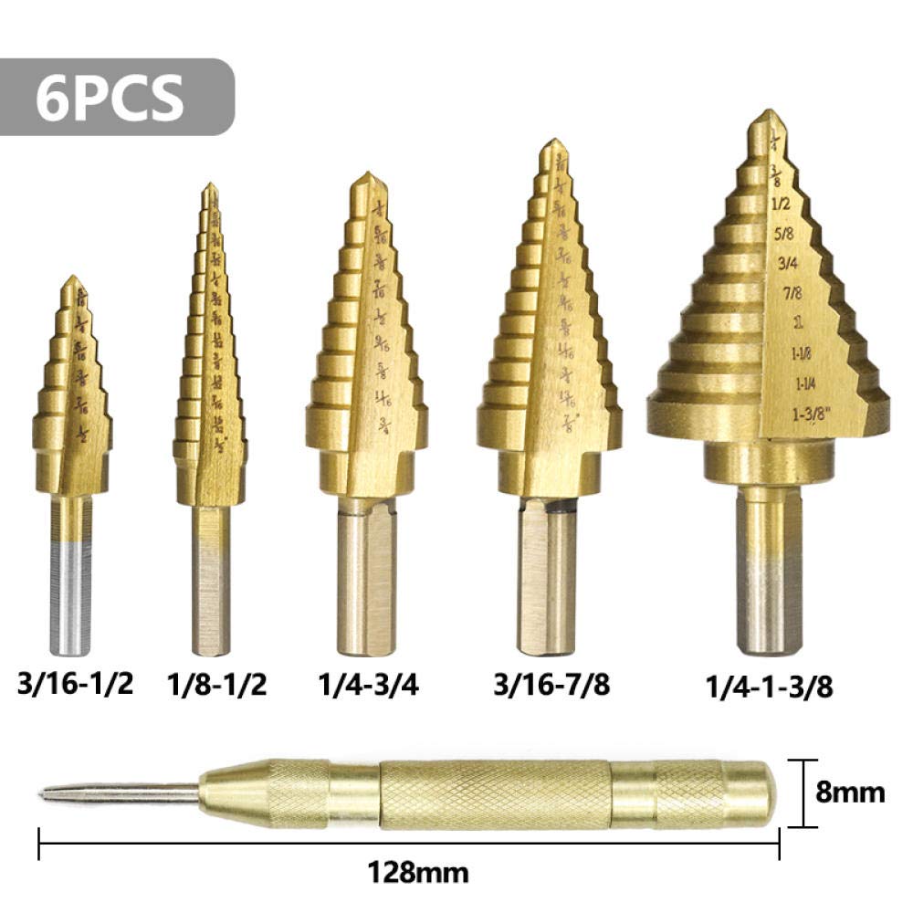 Step Drill bit Juego de Brocas escalonadas HSS con Revestimiento de Titanio, Broca cónica escalonada con punzón Central, Broca de núcleo Imperial, perforación de Orificios de Metal