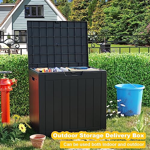 Image of 35 Gallon Outdoor Deck Box,Storage Lockable Waterproof Patio Furniture,Garden Tools,Cushions,Pool Accessories Outside Storage Resin Box(Black)