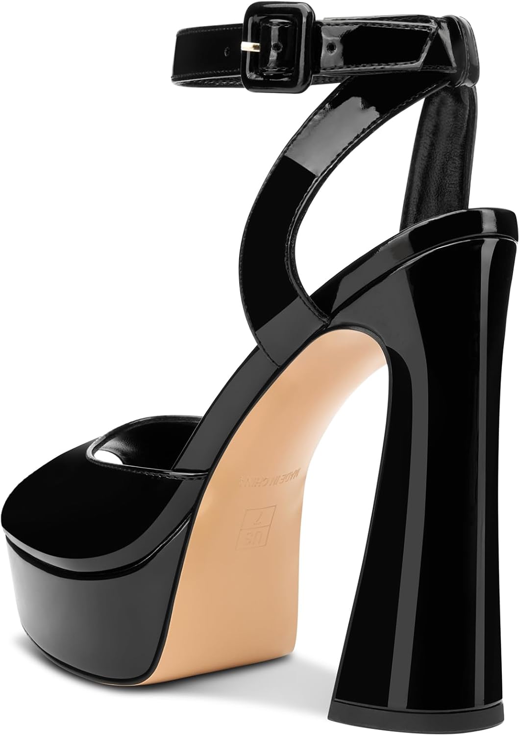 TNYNFBEB Womens Chunky Block High Platform Heel Peep Open Toe Sandals Ankle Strap Buckle Prom Dress Patent Leather 5.1 Inches Heels - Image 5