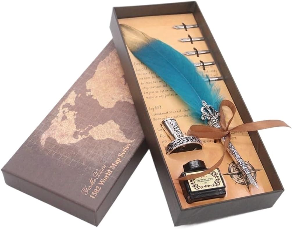 Calligraphy Dip Pen Writing Ink Set Stationery Gift Box with 5 Nib Wedding Quill Metal Fountain(D)