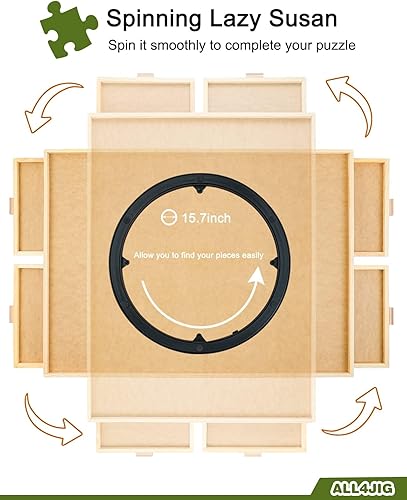 Vista 24 de ALL4JIG - Tablero giratorio para rompecabezas de 2000 piezas, bandeja giratoria de madera de 29.6 x 41.3 pulgadas, 6 cajones y cubierta, mesa para 6