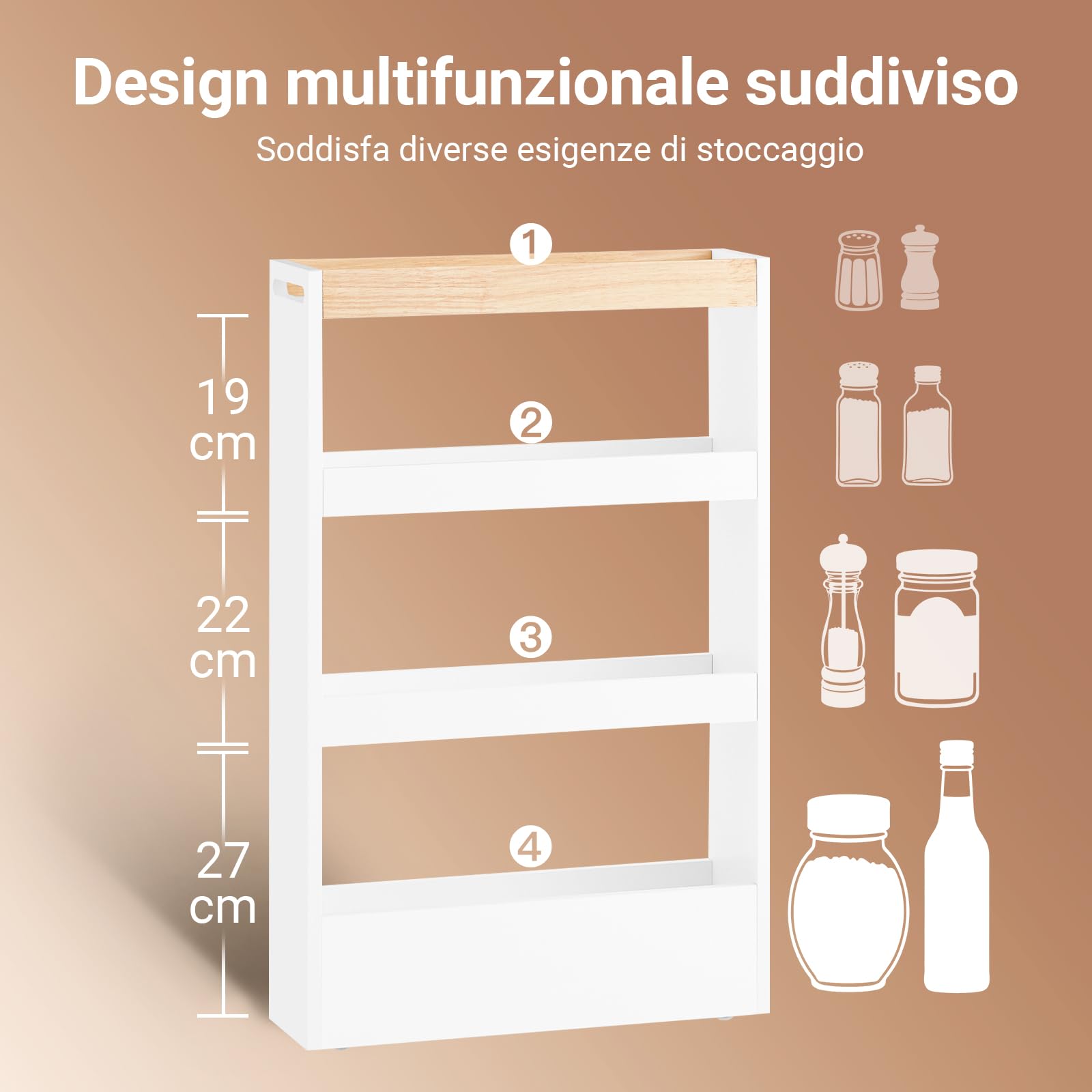 SoBuy Carrello Cucina Salvaspazio con Ruote 15cm Larghezza – Mobiletto Cucina Stretto con 3 Ripiani, Scaffale Cucina e Portaoggetti per Bagno o Ufficio, Bianco ed Effetto Legno 80x15x50cm NSR12-W