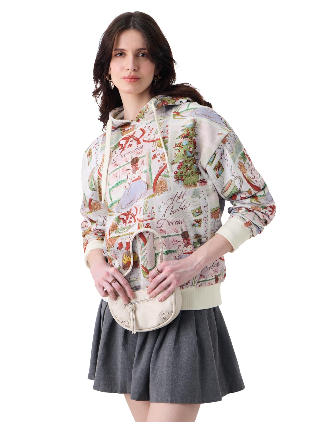 the souled store Christmas Women and Girls Long Sleeve Hooded Neck Cream All Over Printed Cotton Blend Drop Shoulder Casual Oversized Hoodie-picture-22
