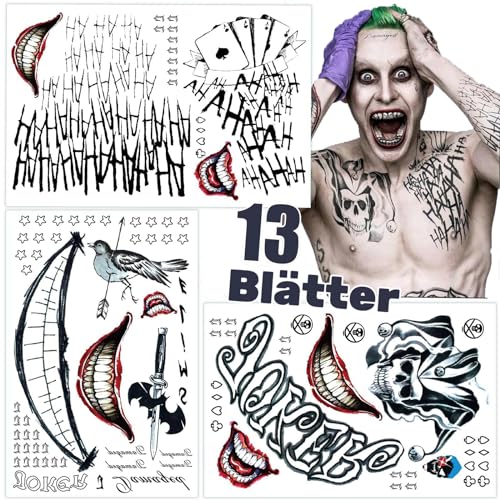 13 Blatt Jok Tatoo Temporäre Fasching Karneval KostümJok Fake Tattoos Festival Must HavesKlebetattoos Erwachsene Festival Tattoos Zum AufklebenHalloween Clown Kostüm Temporäre Tattoos Erwachsene