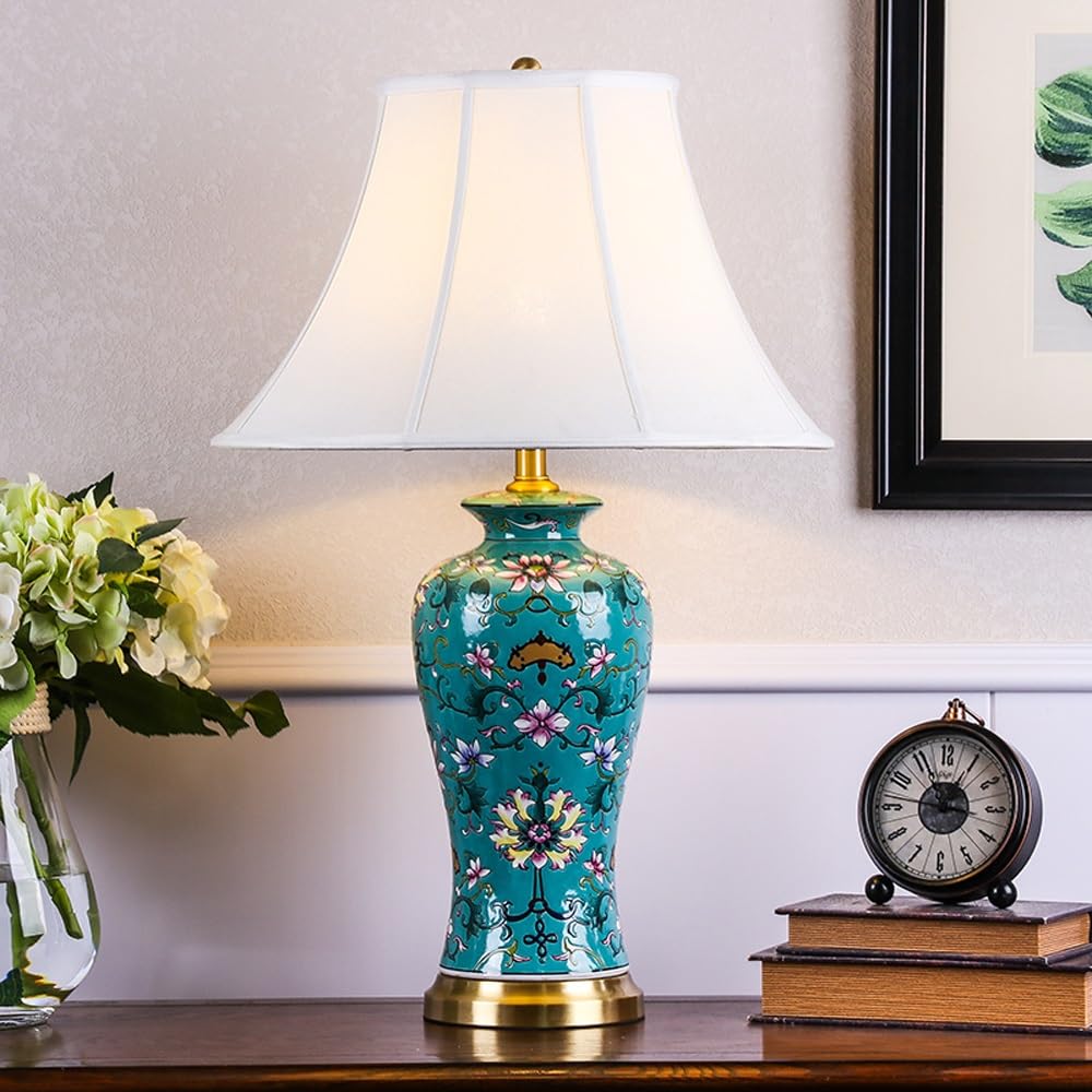 Lampa Stołowa, Ceramiczna Lampa W Stylu Amerykańskim Do Salonu - Lampka Nocna Z Lnianym Abażurem, Lampka Nocna Do Sypialni, Lampka Nocna Z Przyciskiem, Pilot Zdalnego Sterowania
