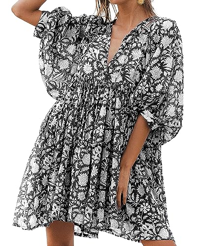 Womens Summer Dresses Casual - Boho Floral Babydoll Balloon Sleeve Half Open Tether Flowy Short Beach Dress Black
