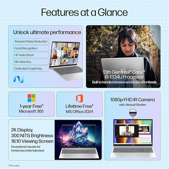 Image of HP OmniBook 5 (Previously Pavilion),13th Gen Intel Core i5 1334U (16GB LPDDR5X,512GB SSD) 2K, WUXGA,IPS,300 nits,16'' /40.6cm Touchscreen, Win11, M365, Office24, Silver,1.79kg,ba1789TU,IR Camera Laptop