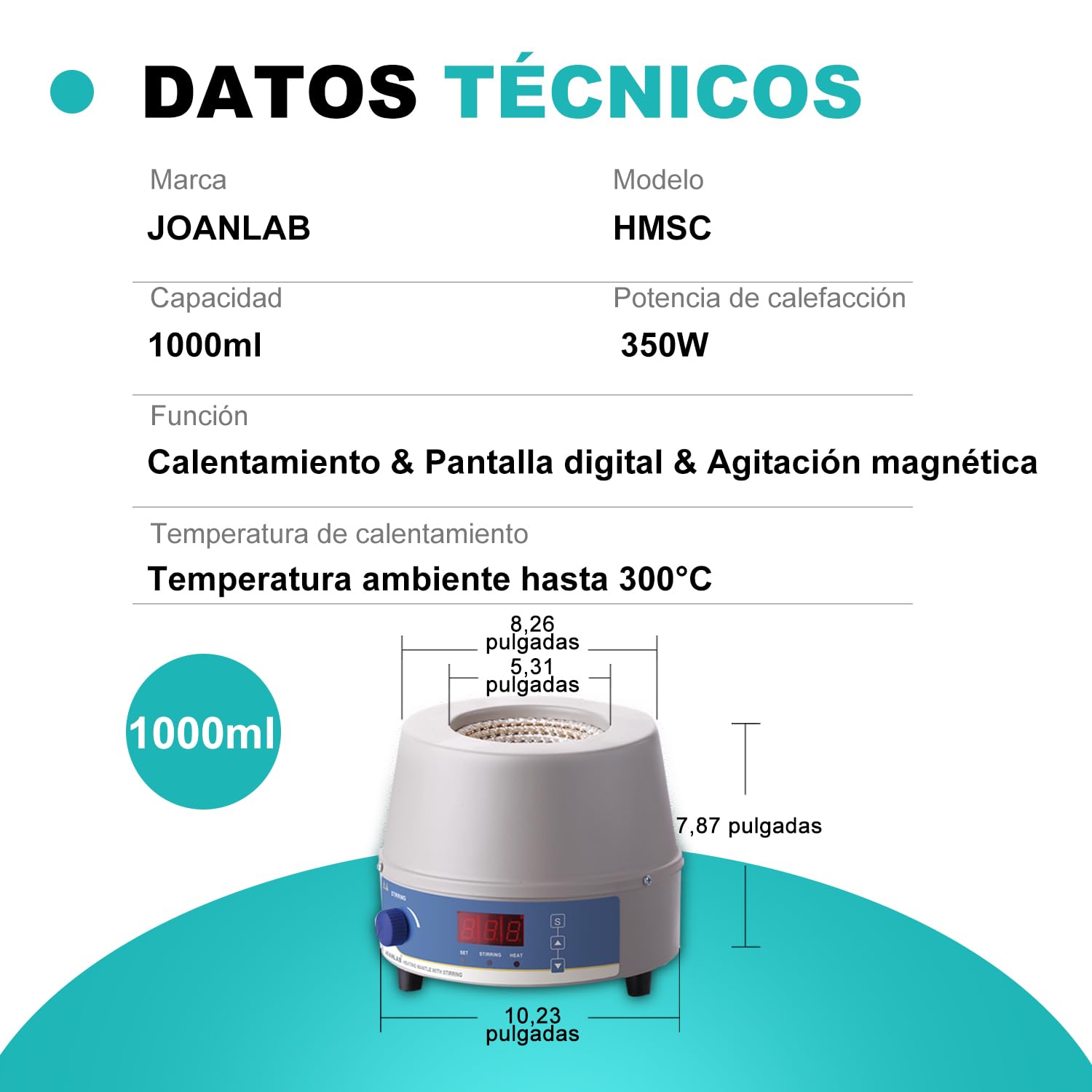 JOANLAB Manto Calefactor Magnético 1000ml, Agitador Magnético Termostático para Laboratorio 350W, con Pantalla Digital, Sonda de Temperatura y Temporizador