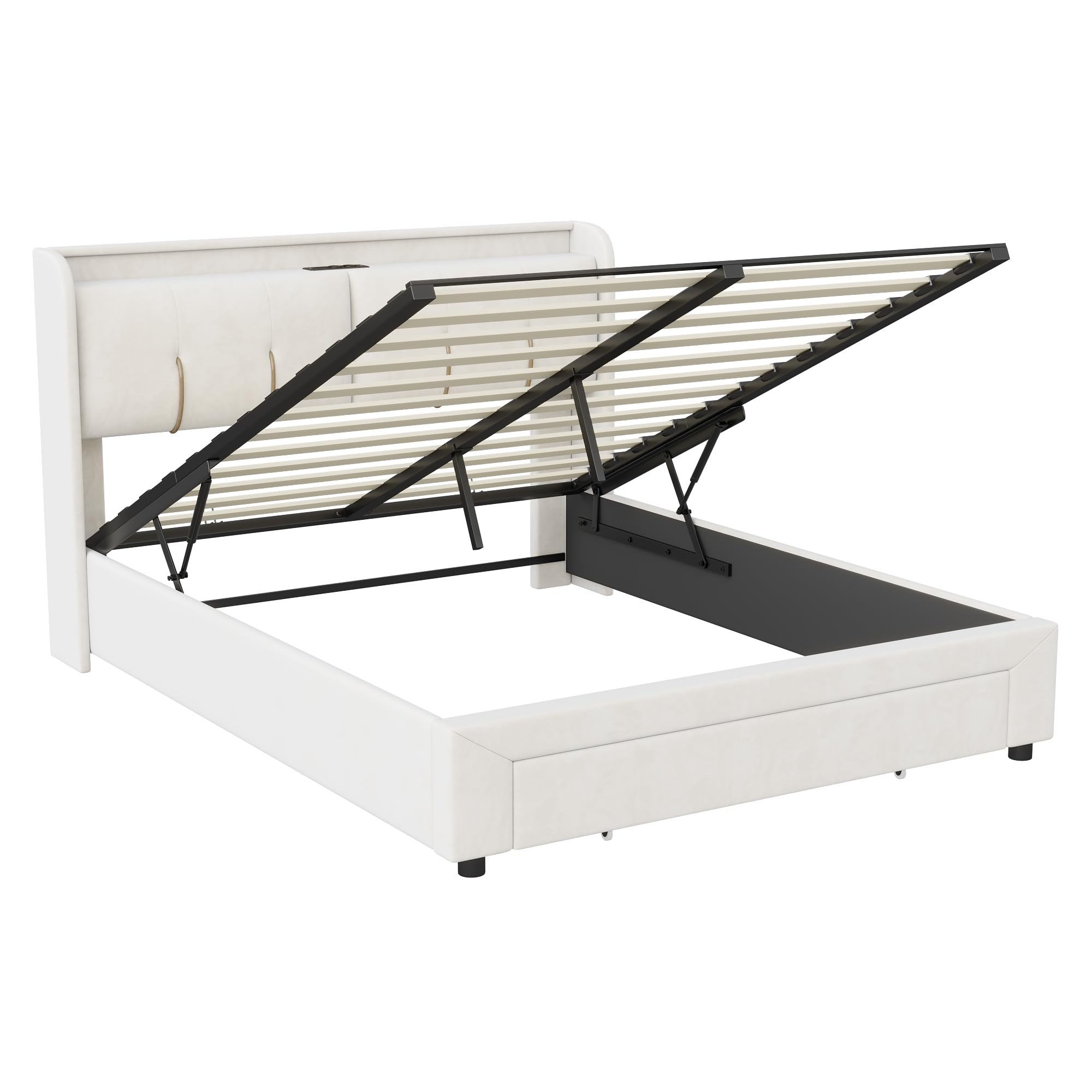 CDQL Letto matrimoniale 160 x 200 cm con vano contenitore pneumatico, Letto contenitore con 1 cassetto, porta USB e luci LED, rivestito in velluto beige