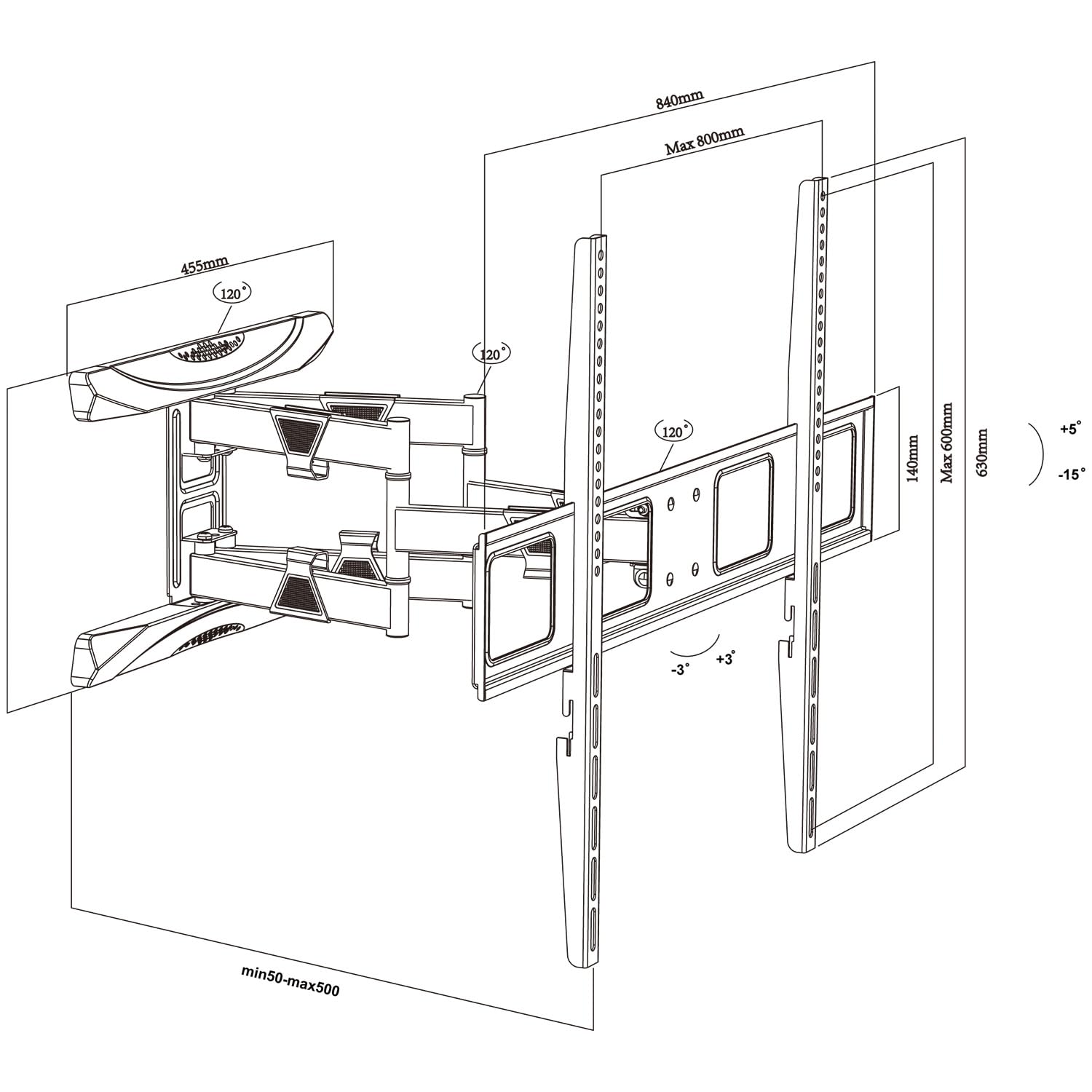 Maclean MC-423 Soporte de TV, Soporte de Pared para Pantallas de 43-100", VESA máx. 800x600, Carga máx. 80kg, Ajuste de Ángulo Horizontal y Vertical, Perfil 50-500mm