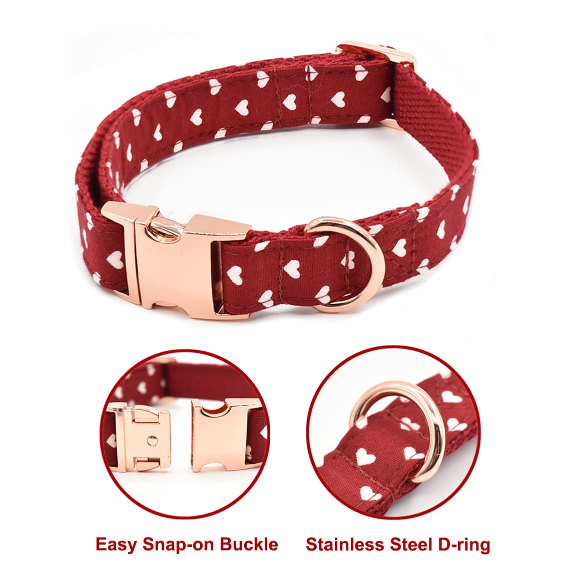 Bubblepup Dog Collar and Leash Set, Comfortable Adjustable Collars for Small Medium Large Dogs, Red Hearts Pattern