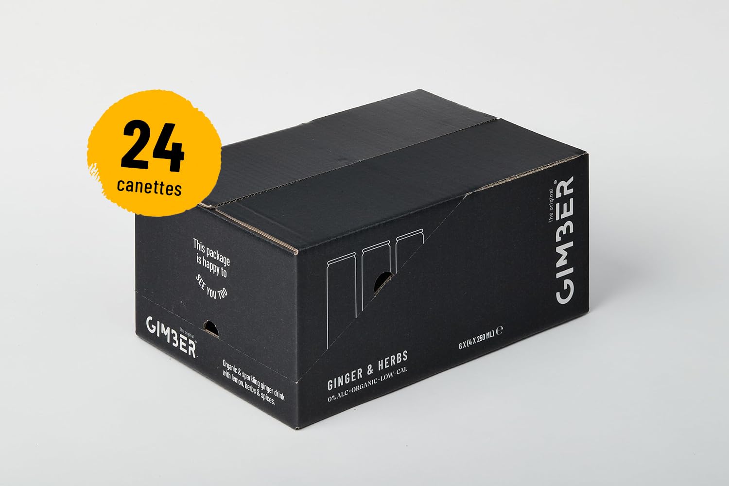 Boisson au gingembre gazeuse GIMBER Original : canettes faible en calories | Lot de 24 | Boisson gazeuse au gigembre, citron et herbes. Boisson sans alcool, vegan et 100% naturelle