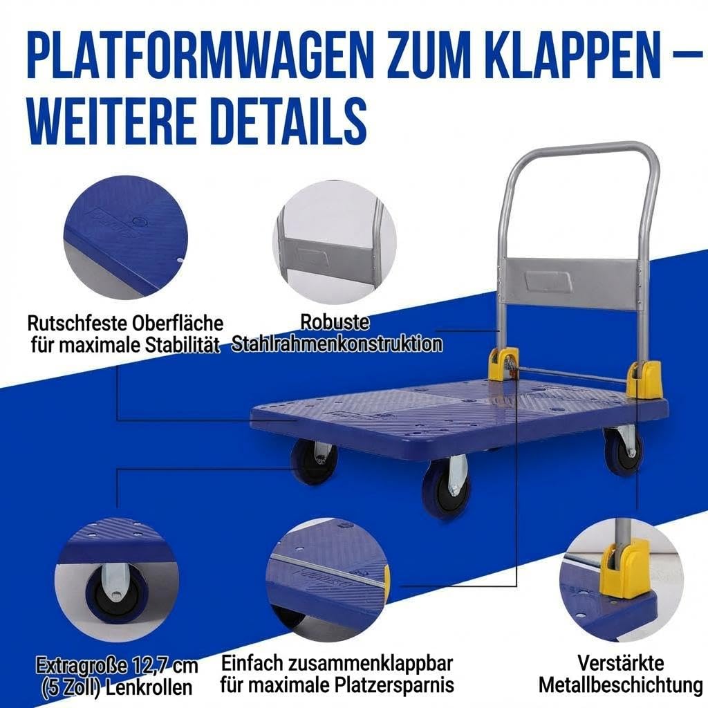 GarveeTech Plattformwagen Klappbar 600kg, 89x59cm Schwerlast Transportwagen | 360° Leichtlaufrollen, rutschfeste Oberfläche, für Lager & Werkstatt, ergonomischer Griff, platzsparend, stabil, robust