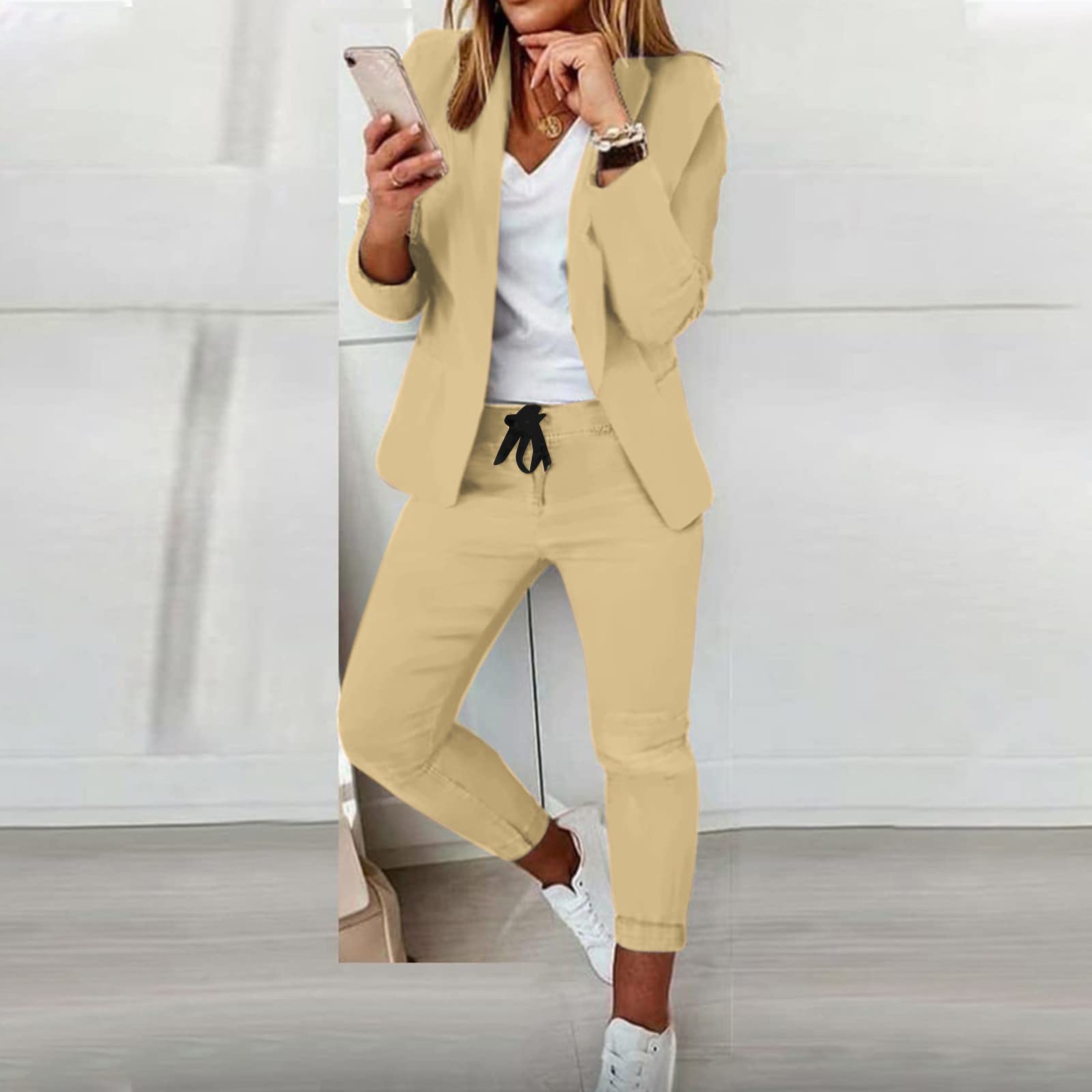 SKFLABOOF Combinaison élégante pour femme - 2 pièces - Manches longues - Costume d'affaires - 2 pièces - Couleur unie - Blazer - Pantalon slim - Tenue festive - Pour femme