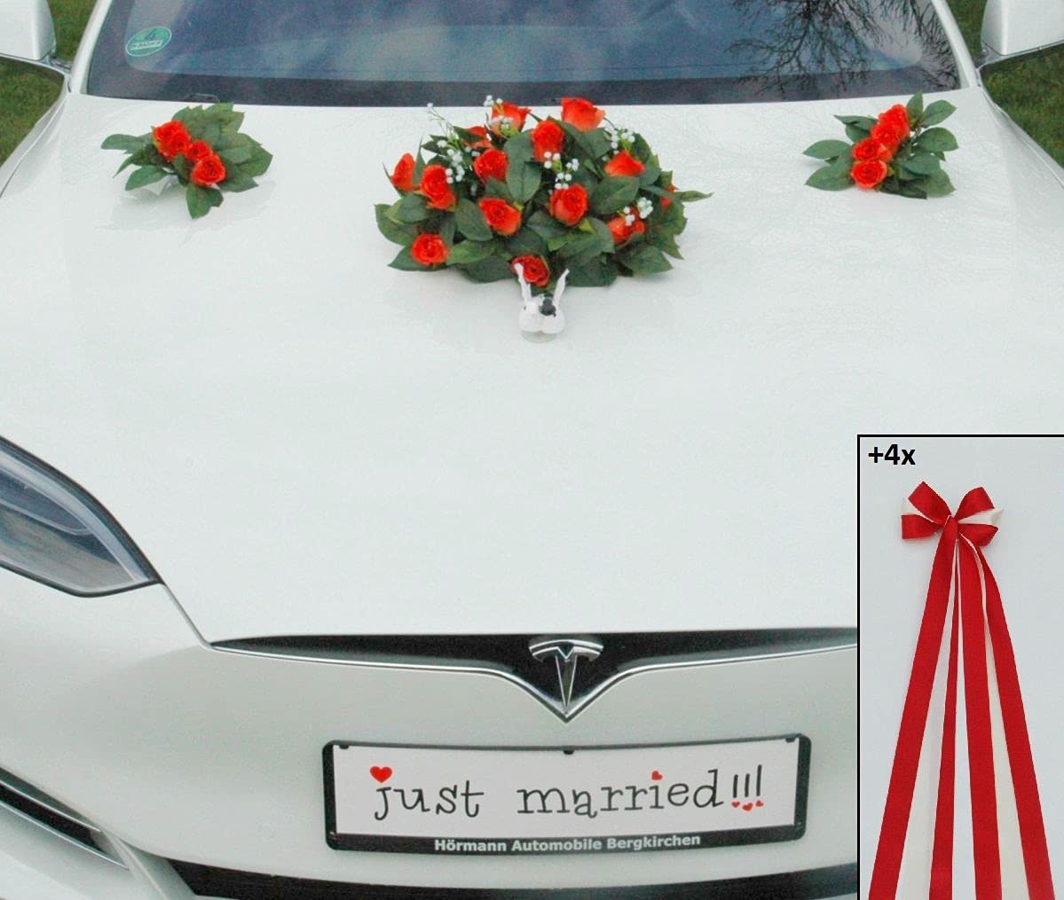 Véritable bouquet de roses - Décoration de voiture - Couple de roses - Colombes - Cœurs - Décoration de voiture de mariage (thé + colombes)