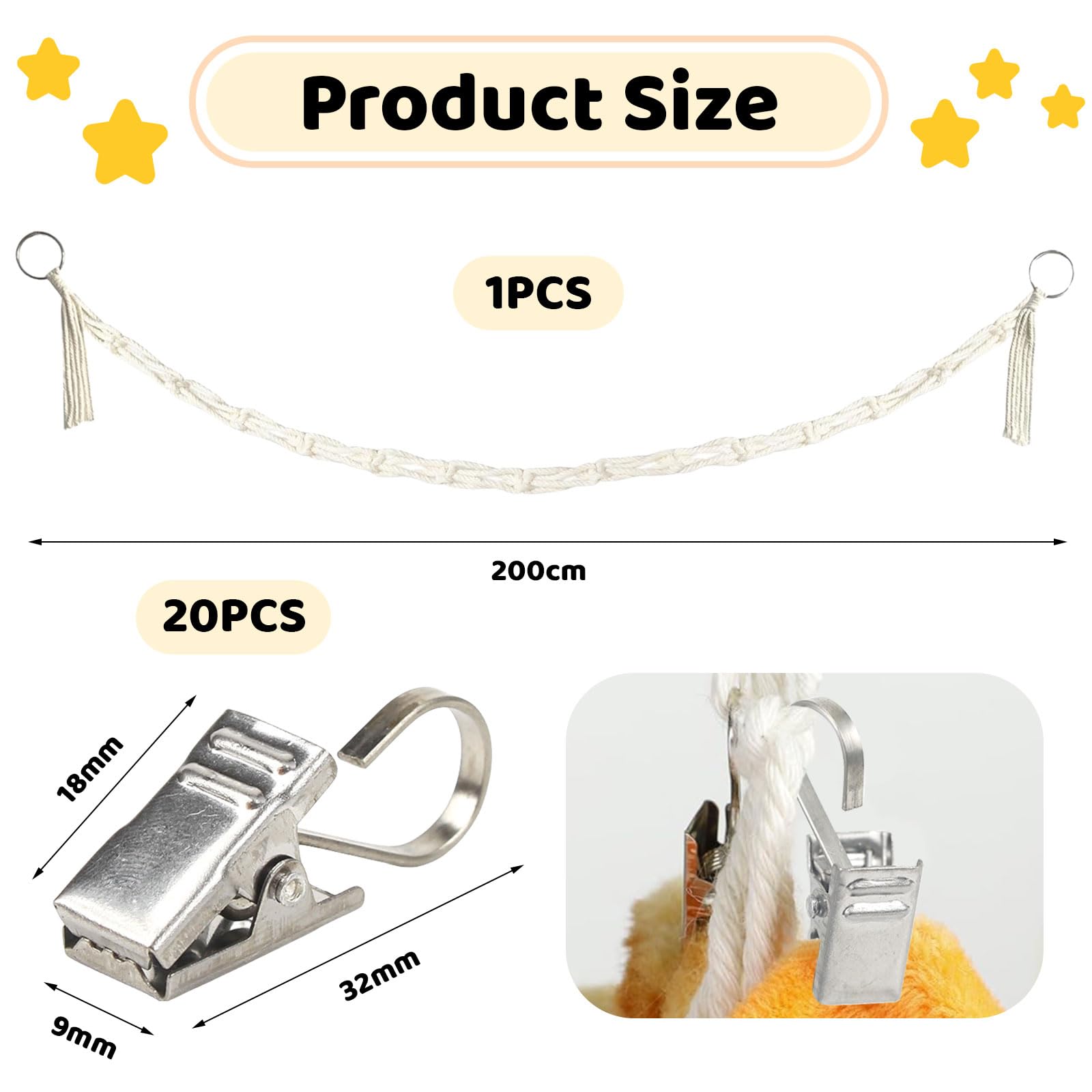 Mezrkuwr Soporte colgante para juguetes de peluche con 20 pinzas de metal, cadena organizadora de peluche, decoración para habitación infantil, para colgar sombreros, calcetines, tarjetas de Navidad