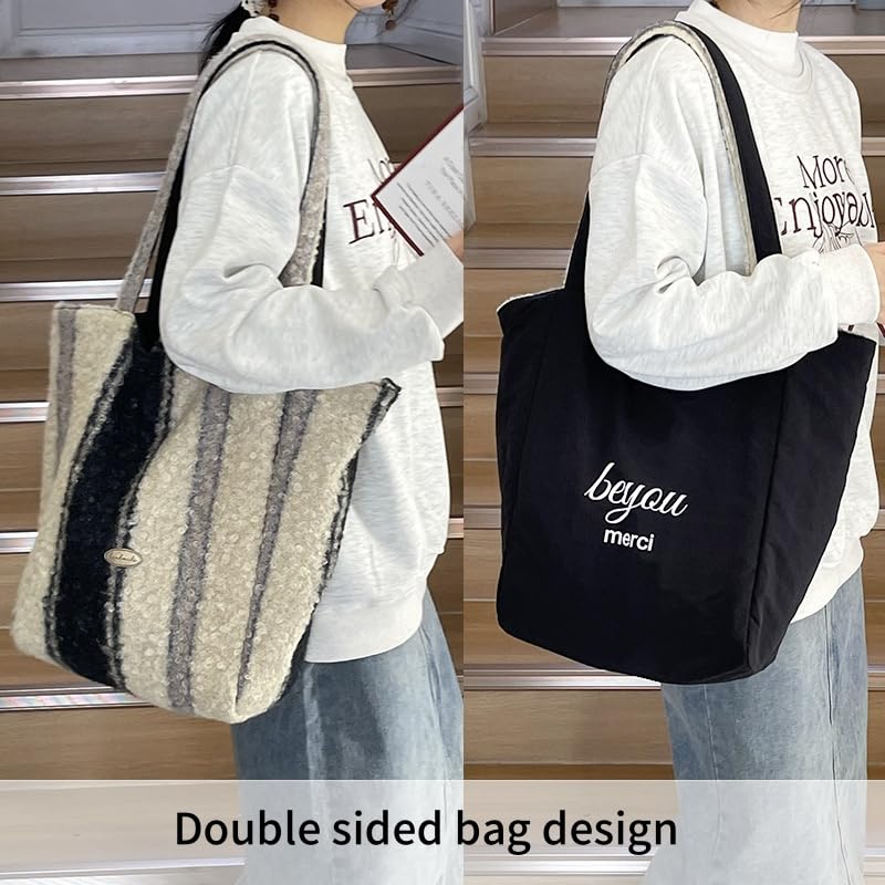 Women's Plush Tote Bag Large Shoulder Bag with Dual Sides Soft Trendy Casual Commuter Bag for Work Travel3