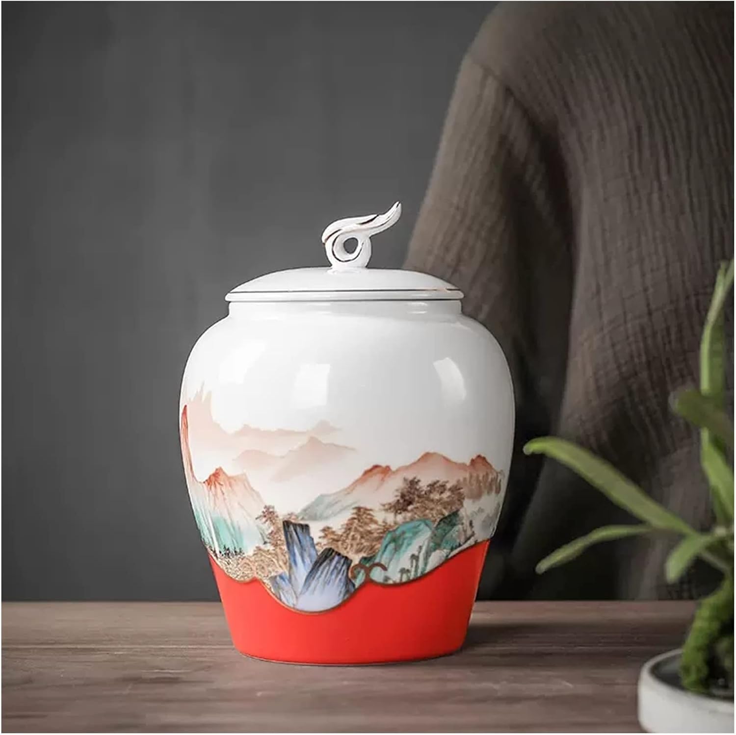 Tea Tin Chinese Ceramic Ornaments Tea Canister Vintage Style Loose Container with Auspicious Clouds Lid and Hand Drawn Landscape Paintings Container(Red,Small)