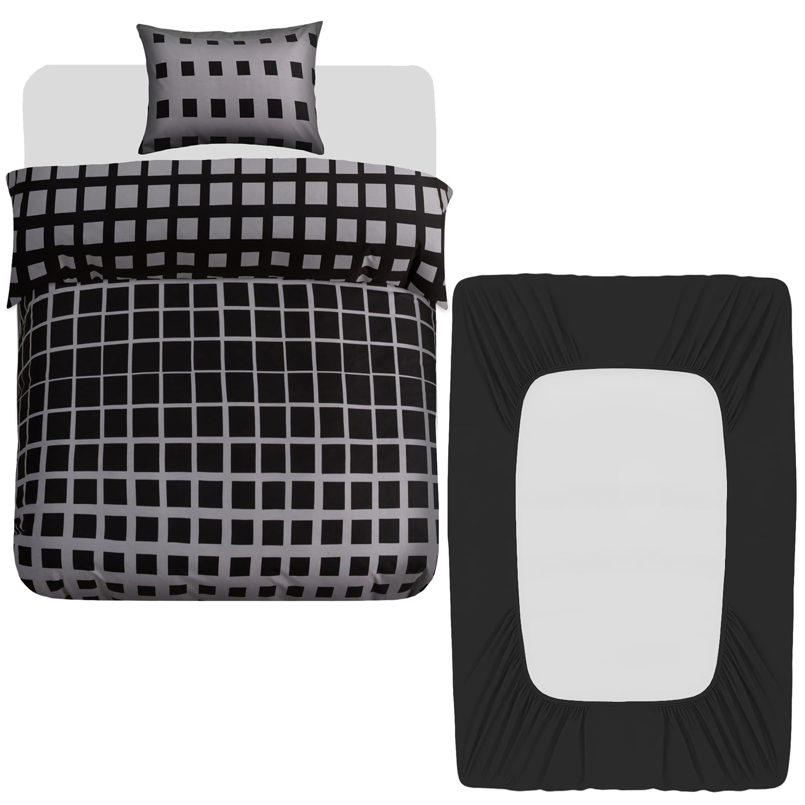 Grace Grey & Black 3 Pcs Single Duvet Cover Set With Matching Black Single Fitted Sheet 40 Cm Extra Deep Pocket - Ultrasoft Breathable Premium Microfibre Reversible Quilt Cover Bedding Set For All Seasons