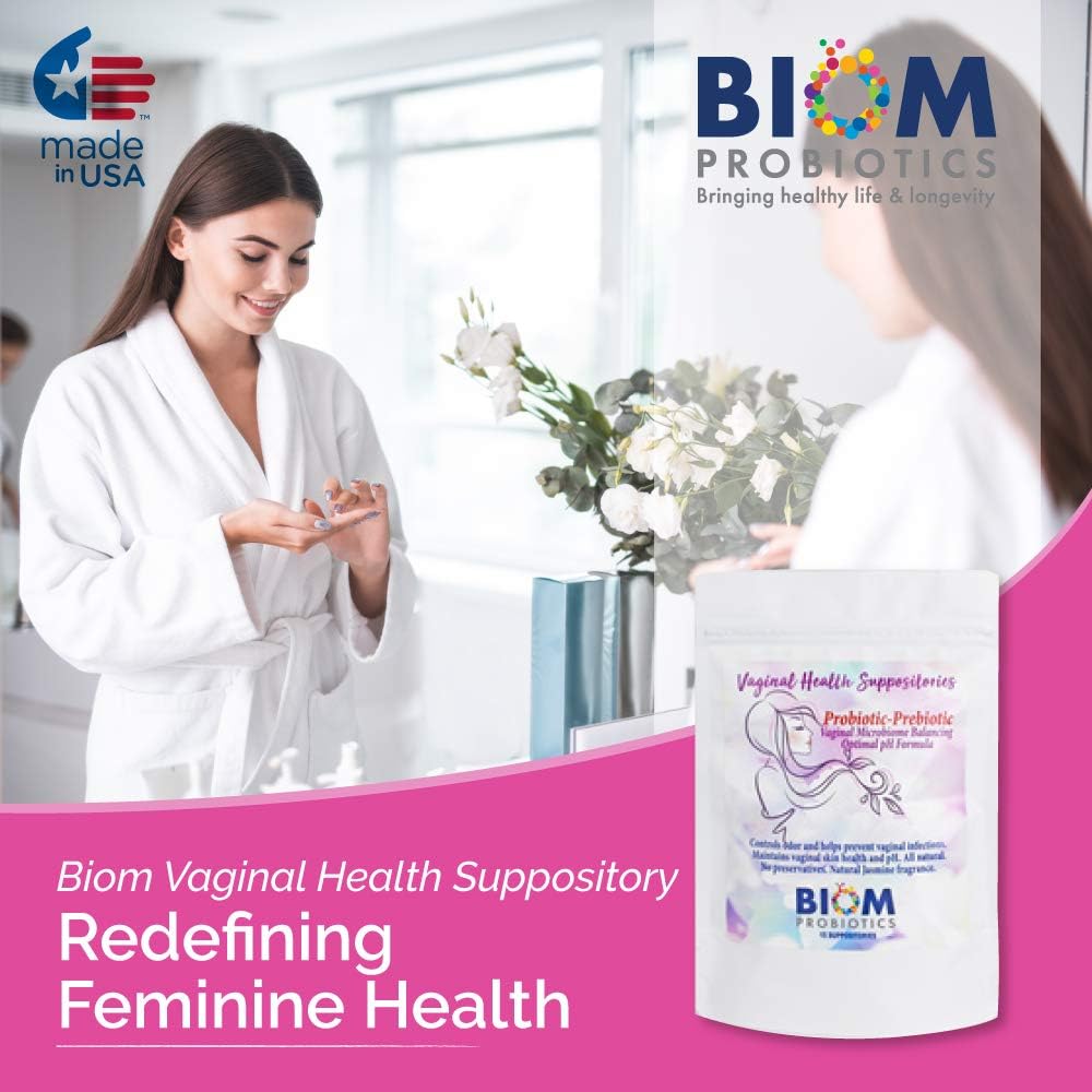 Biom Vaginal Probiotic Suppository: Natural Vaginal pH and Odor Control Regimen; Balance and Nourishes Vaginal Microbiome; No Parabens (5 Count)