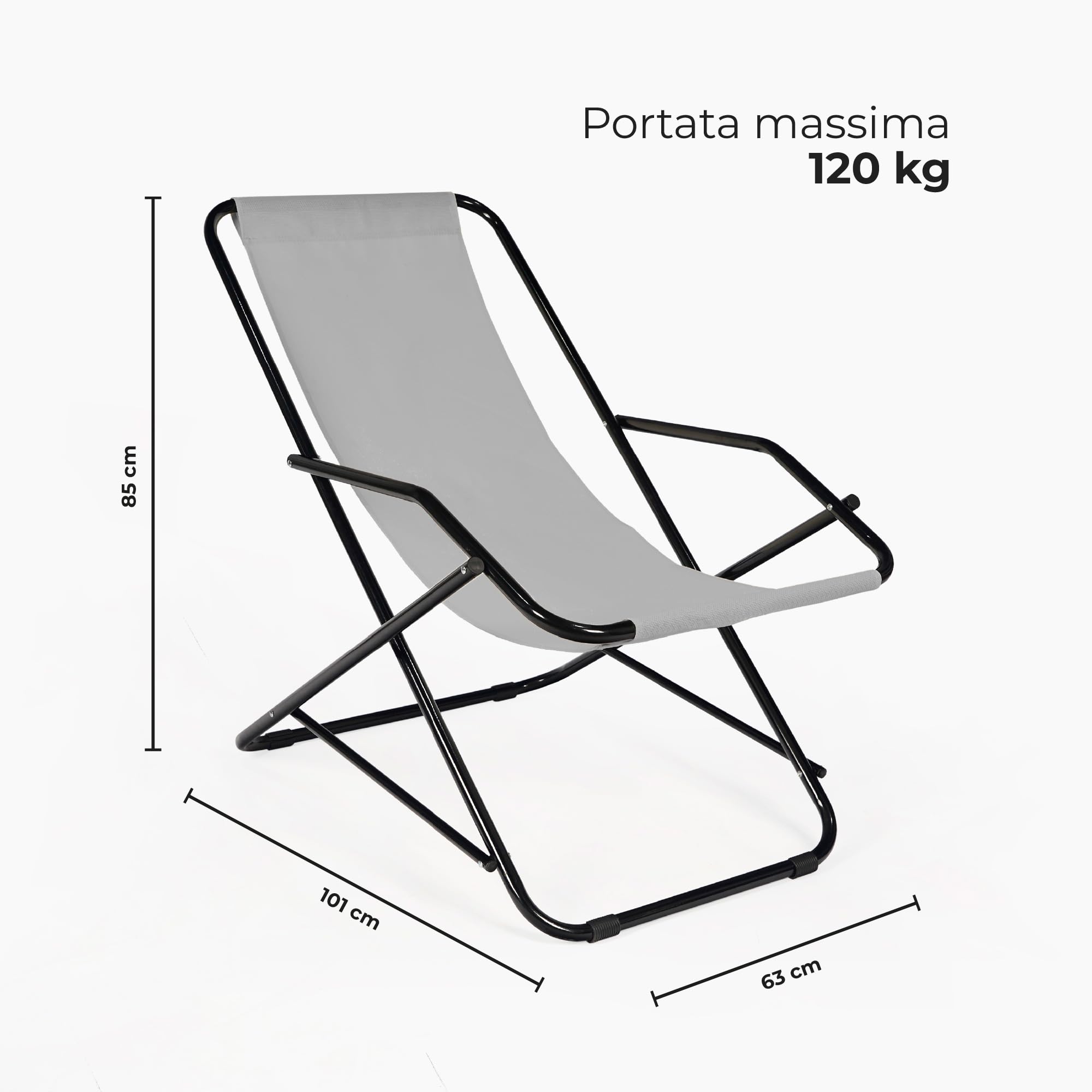 IlGruppone Set 2 Sdraio Sedie Spiaggina Relax Giardino Spiaggia, Pieghevoli in Acciaio e Textilene con Braccioli Funzione Basculante Dondolo - Grigio