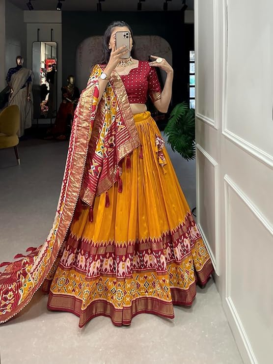YanaFab Women's Tussar Silk With Patola Print And Foil Work Lehenga choli