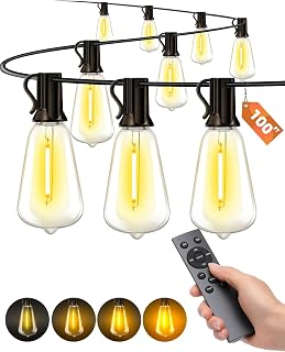 Vozuji 100FT Outdoor String Lights Remote Dimmable Waterproof Shatterproof ST38 Bulbs Patio Backyard Gazebo