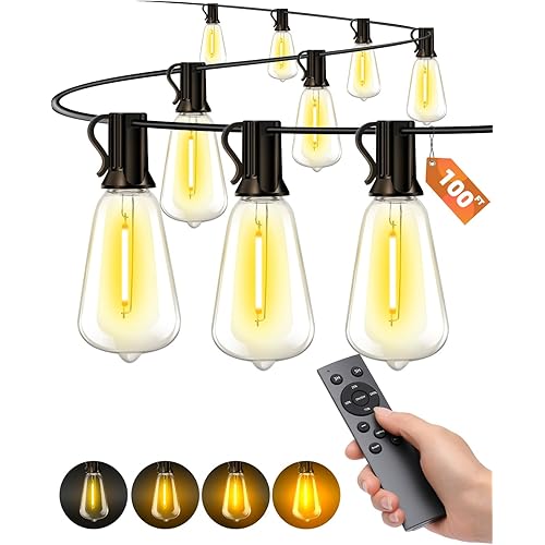 Outdoor Patio String Lights: 100Ft 30M Outside Waterproof Light - Remote Dimmable ST38 Shatterproof Bulb Connectable Hanging Outdoor Electric Lighting - Backyard Yard Gazebo Porch Party