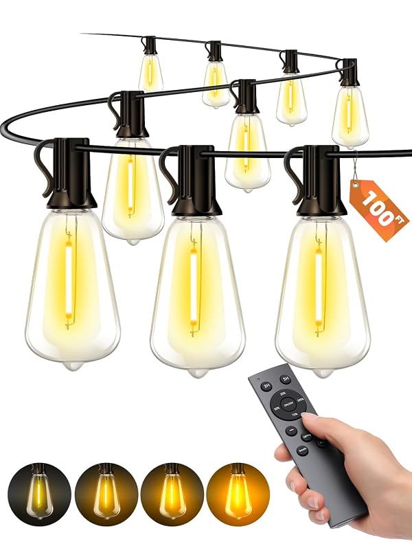 VOZUJI Outdoor Patio String Lights: 100Ft 30M Outside Waterproof Light - Remote Dimmable ST38 Shatterproof Bulb Connectable Hanging Outdoor Electric Lighting - Backyard Yard Gazebo Porch Party by VOZUJI - Used condition - US$19.90