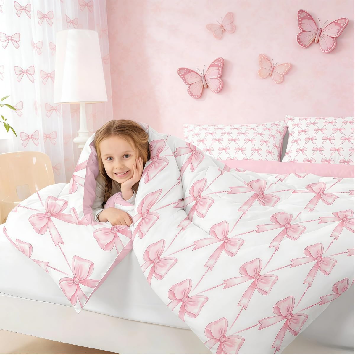 Feelyou Pink Bow Bedding Set Full Size Pink Girls Bow Comforter Set for Kids Women Ultra Soft Cute Bowknot Comforter Kawaii Princess Room Decor Bow and Stripes Quilt, 2 Pillowcase
