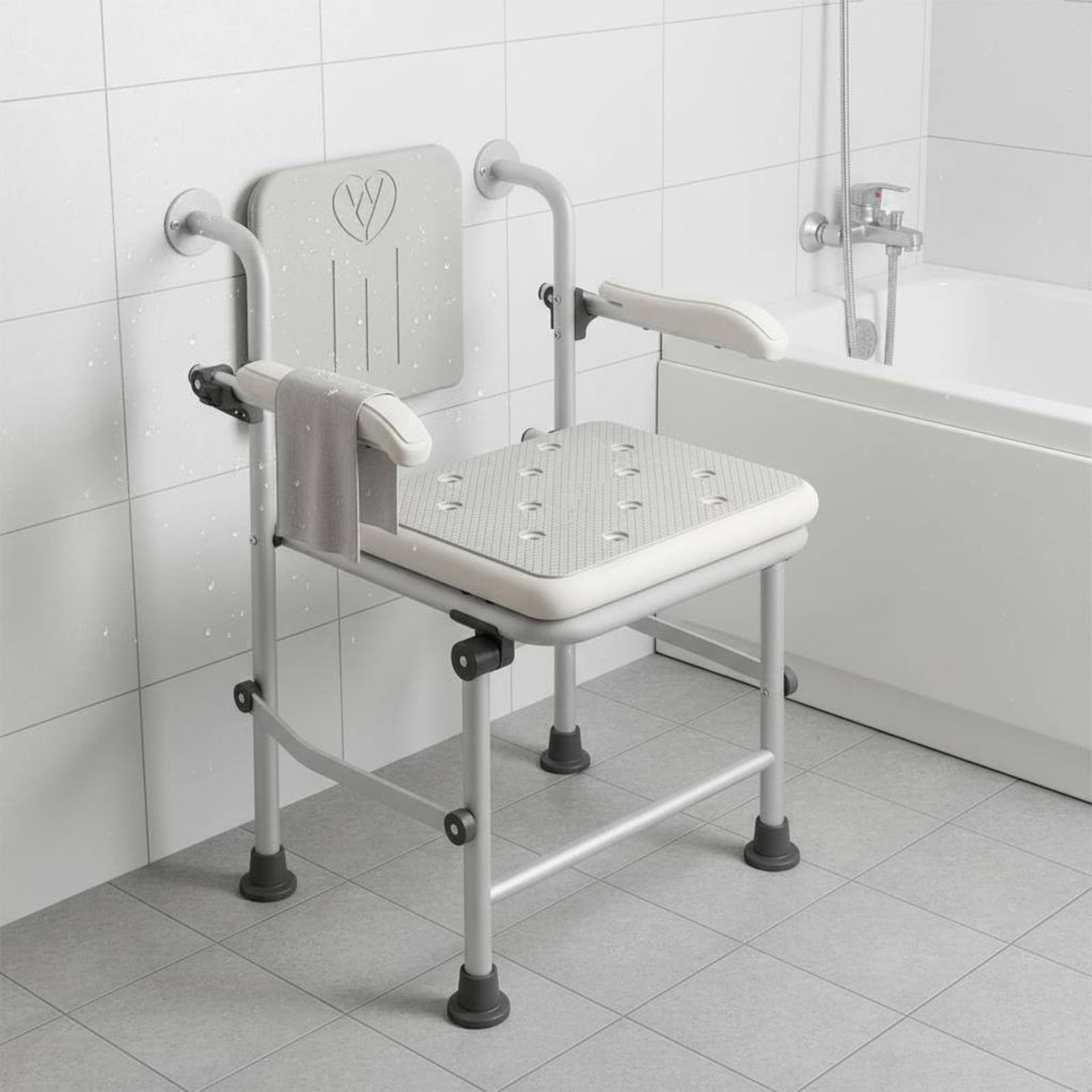 Asiento de Baño Plegable Silla de Ducha Taburete de Baño Banco de Baño con Estructura de Aluminio Antióxido con Patas Antideslizantes y Reposabrazos, Banqueta Plegable C/Respaldo